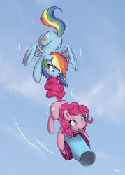 Size: 1771x2480 | Tagged: safe, artist:alasou, derpibooru import, pinkie pie, rainbow dash, earth pony, pegasus, pony, floppy ears, flying, mouth hold, party cannon, print, sweat, tail bite