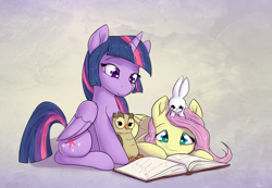 Size: 1736x1198 | Tagged: safe, artist:alasou, derpibooru import, angel bunny, fluttershy, owlowiscious, twilight sparkle, twilight sparkle (alicorn), alicorn, pegasus, pony, book, cute, photo, print, prone, reading, shyabetes, twiabetes