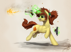 Size: 3000x2178 | Tagged: safe, artist:1jaz, oc, oc only, oc:rapid fire, pony, unicorn, commission, dual wield, female, firing, grin, gun, handgun, magic, mare, pistol, ponytail, shooting, smiling, solo, weapon