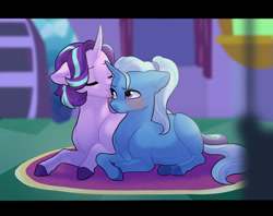 Size: 800x632 | Tagged: safe, artist:kianamai, derpibooru import, starlight glimmer, trixie, pony, unicorn, alternate hairstyle, blushing, couple, cute, diatrixes, female, glimmerbetes, kilalaverse, lesbian, magical lesbian spawn, mare, offspring, pregnant, sensibly-proportioned pregnancy, shipping, startrix