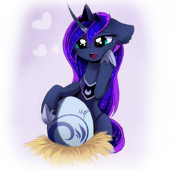 Size: 1280x1260 | Tagged: dead source, safe, artist:magnaluna, derpibooru import, princess luna, alicorn, pony, dragon egg, egg, female, heart, mare, open mouth, solo