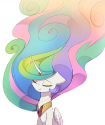 Size: 1280x1517 | Tagged: dead source, safe, artist:magnaluna, derpibooru import, princess celestia, alicorn, pony, cute, cutelestia, eyes closed, female, flowing mane, horn jewelry, horn ring, jewelry, long mane, mare, necklace, smiling, solo