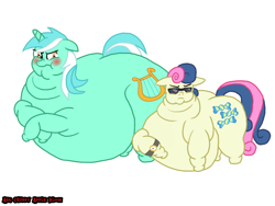 Size: 1024x768 | Tagged: safe, artist:1992zepeda, bon bon, lyra heartstrings, sweetie drops, slice of life (episode), double chin, fat, morbidly obese, obese, secret agent sweetie drops