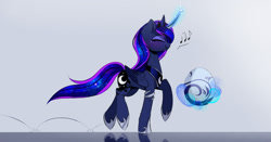 Size: 1280x670 | Tagged: safe, artist:magnaluna, derpibooru import, princess luna, alicorn, pony, dragon egg, egg, happy, humming, levitation, magic, skipping, telekinesis