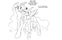 Size: 1280x828 | Tagged: safe, artist:silfoe, derpibooru import, princess celestia, queen chrysalis, alicorn, changeling, changeling queen, pony, black and white, chryslestia, cute, cutealis, cutelestia, dialogue, female, grayscale, hug, lesbian, mare, monochrome, other royal book, raised hoof, shipping, simple background, tsundalis, tsundere, walking, white background, winghug