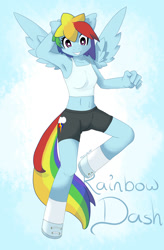 Size: 1302x1989 | Tagged: safe, artist:tesslashy, derpibooru import, rainbow dash, anthro, unguligrade anthro, anatomically incorrect, armpits, belly button, clothes, cute, cutie mark, cutie mark on clothes, flying, hoof shoes, incorrect leg anatomy, midriff, shoes, shorts, socks, solo, tanktop