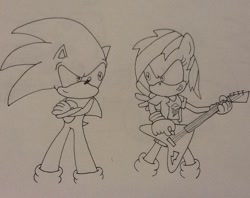 Size: 908x720 | Tagged: safe, artist:artking3000, derpibooru import, rainbow dash, anthro, crossover, flying v, guitar, monochrome, sonic the hedgehog, sonic the hedgehog (series), sonicified, traditional art