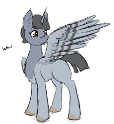 Size: 2401x2610 | Tagged: safe, artist:otpl, oc, oc only, oc:peep, alicorn, bird pone, pony, confused, frown, lidded eyes, looking back, raised eyebrow, simple background, solo, spread wings, white background