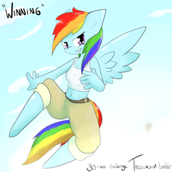 Size: 2000x2000 | Tagged: safe, artist:tesslashy, derpibooru import, rainbow dash, anthro, unguligrade anthro, belly button, clothes, flying, midriff, pants, solo, tanktop