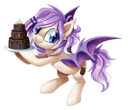 Size: 1600x1379 | Tagged: safe, artist:centchi, oc, oc only, oc:sweet tooth, bat pony, pony, bat pony oc, cake, food, simple background, solo, transparent background, watermark