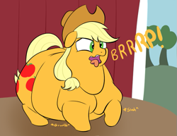 Size: 683x527 | Tagged: safe, artist:astr0zone, applejack, earth pony, pony, applefat, barn, burp, fat, female, mare, obese, solo, stomach noise, tongue out, wavy mouth