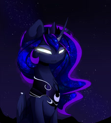 Size: 1281x1415 | Tagged: dead source, safe, artist:magnaluna, derpibooru import, princess luna, alicorn, pony, female, glowing eyes, mare, modified accessory, night sky, sitting, solo, stars