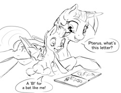 Size: 1200x927 | Tagged: safe, artist:silfoe, derpibooru import, twilight sparkle, twilight sparkle (alicorn), oc, oc:pterus, alicorn, bat pony, pony, adopted offspring, black and white, book, cute, dialogue, female, foal, grayscale, learning, monochrome, mother and child, mother and son, other royal book, parent and child, parent:princess luna, parent:twilight sparkle, parents:twiluna, royal sketchbook, silfoe is trying to murder us, simple background, speech bubble, white background