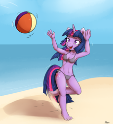 Size: 1650x1800 | Tagged: safe, artist:alasou, derpibooru import, twilight sparkle, unicorn twilight, anthro, plantigrade anthro, unicorn, armpits, barefoot, beach, beach ball, bikini, clothes, commission, feet, female, patreon, solo, swimsuit