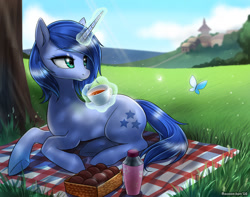 Size: 1000x787 | Tagged: safe, artist:racoonsan, oc, oc only, butterfly, pony, unicorn, beverage, bottle, box, cup, donut, food, grass field, levitation, magic, placemat, scenery, shade, solo, telekinesis, tree, underhoof