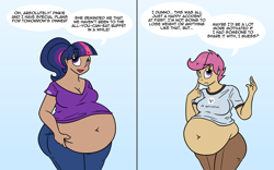 Size: 1600x1000 | Tagged: dead source, safe, artist:irateliterate, pinkie pie, scootaloo, twilight sparkle, human, ask feedee twilight, bbw, belly, belly button, belly grab, big belly, chubby, cleavage, fat, female, humanized, innie belly button, lesbian, obese, scootalard, shipping, twilard sparkle, twinkie