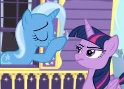 Size: 726x519 | Tagged: safe, screencap, trixie, twilight sparkle, twilight sparkle (alicorn), alicorn, pony, to where and back again, animated, blinking, boop, eyes closed, frown, gif, glare, loop, non-consensual booping, nose wrinkle, open mouth, smiling, trixie's wagon, unamused