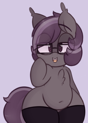 Size: 674x939 | Tagged: safe, artist:toroitimu, oc, oc only, oc:iris, bat pony, pony, adorkable, belly button, chubby, clothes, cute, dork, glasses, solo, stockings