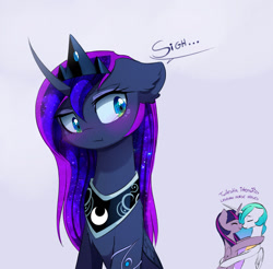 Size: 1280x1258 | Tagged: safe, artist:magnaluna, derpibooru import, princess celestia, princess luna, twilight sparkle, twilight sparkle (alicorn), alicorn, pony, blushing, crown, curved horn, descriptive noise, ear fluff, female, floppy ears, horse noises, jewelry, lesbian, mare, meme, modified accessory, regalia, sad, shipping, sigh, simple background, solo focus, twilestia, twiluna, unrequited, x intensifies