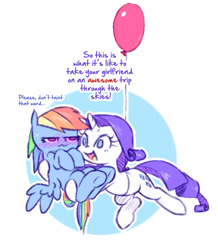 Size: 593x679 | Tagged: safe, artist:raridashdoodles, rainbow dash, rarity, pegasus, pony, unicorn, balloon, blushing, carrying, dialogue, female, floating, lesbian, mare, open mouth, raridash, shipping, simple background, sky, white background