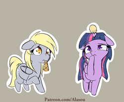 Size: 1650x1350 | Tagged: safe, artist:alasou, derpibooru import, derpy hooves, twilight sparkle, twilight sparkle (alicorn), alicorn, pony, cute, duo, floppy ears, food, horn impalement, i just don't know what went wrong, ice cream