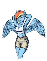 Size: 1600x2106 | Tagged: safe, artist:vistamage, derpibooru import, rainbow dash, anthro, armpits, breasts, female, piercing, simple background, sketch, solo, spread wings, tongue out, tongue piercing, white background