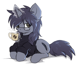 Size: 907x791 | Tagged: safe, artist:hioshiru, derpibooru import, oc, oc only, oc:kate, pony, unicorn, clothes, coffee, glasses, magic, prone, sweater