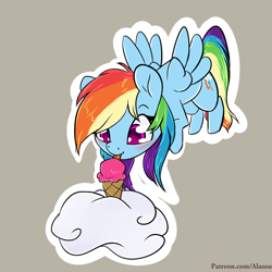 Size: 1050x1050 | Tagged: safe, artist:alasou, derpibooru import, rainbow dash, pegasus, pony, cloud, cute, dashabetes, female, food, ice cream, licking, mare, patreon, simple background, solo, tongue out
