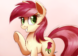 Size: 2000x1435 | Tagged: safe, artist:ncmares, roseluck, earth pony, pony, chest fluff, cute, featured image, female, grin, looking at you, mare, pink background, simple background, smiling, smiling at you, solo, underhoof, waving, waving at you