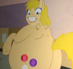 Size: 640x603 | Tagged: safe, artist:pikapetey, oc, oc only, oc:crystal universe, oc:fatty cheeseburger, bronycon, bronycon 2015, fat, hilarious in hindsight, makeup, obese, plot