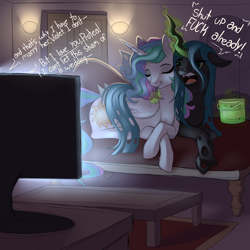 Size: 2000x2000 | Tagged: safe, artist:evehly, derpibooru import, princess celestia, queen chrysalis, alicorn, changeling, changeling queen, pony, :t, annoyed, bucket, chryslestia, commission, crossed hooves, cuddling, cute, dialogue, eating, eyes closed, fangs, feeding, female, frown, glare, ice cream, lesbian, levitation, living room, magic, mare, open mouth, pistachio (ice cream), prone, shipping, smiling, snuggling, soap opera, sofa, spoon, subtle as a train wreck, tail hug, telekinesis, television, vulgar, watching