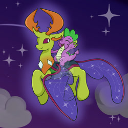 Size: 1024x1024 | Tagged: safe, artist:yoshimarsart, spike, thorax, changedling, changeling, dragon, to where and back again, dragons riding changelings, flying, king thorax, night, watermark