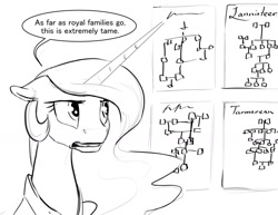 Size: 1280x990 | Tagged: safe, artist:silfoe, derpibooru import, princess celestia, alicorn, pony, a song of ice and fire, family tree, game of thrones, grayscale, implied lesbian, monochrome, royal sketchbook, sketch, solo