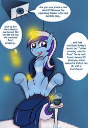 Size: 1639x2380 | Tagged: safe, artist:darkknighthoof, artist:darkknightwolf2011, color edit, edit, minuette, bondage, colored, featureless crotch, fetish, floss, happy bondage, hoof fetish, leg twitch, roleplaying, seat, smiling, speaker, speech bubble, tickle fetish, tickling, toothbrush