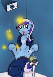 Size: 1639x2380 | Tagged: safe, artist:darkknighthoof, artist:darkknightwolf2011, color edit, edit, minuette, bondage, colored, featureless crotch, fetish, floss, hoof fetish, leg twitch, seat, smiling, speaker, textless, tickle fetish, tickling, toothbrush