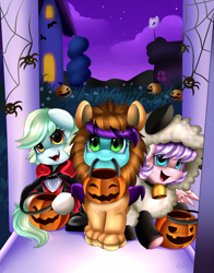 Size: 2070x2645 | Tagged: safe, artist:pridark, oc, oc only, big cat, lion, sheep, vampire, clothes, commission, costume, cute, doorstep, looking up, mouth hold, nightmare night, pumpkin bucket, trick or treat, trio