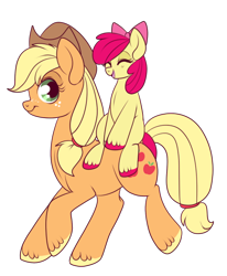 Size: 544x659 | Tagged: safe, artist:lulubell, derpibooru import, apple bloom, applejack, earth pony, pony, adorabloom, apple sisters, cute, duo, eyes closed, female, filly, foal, looking at someone, looking back, mare, open mouth, open smile, ponies riding ponies, siblings, simple background, sisters, smiling, transparent background, younger