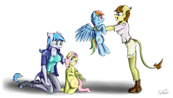 Size: 1600x900 | Tagged: safe, artist:rulsis, derpibooru import, fluttershy, rainbow dash, oc, anthro, pony, anthro with ponies, holding, holding a pony