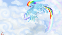 Size: 7000x4000 | Tagged: safe, artist:coconuthound, rainbow dash, pegasus, pony, blue coat, blue wings, female, mare, multicolored mane, simple background, smiling, solo