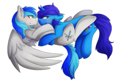 Size: 2401x1597 | Tagged: safe, artist:oddends, oc, oc only, oc:coldfire, oc:delly, pegasus, pony, unicorn, blushing, crying, cute, eye contact, fangs, female, floppy ears, happy, hug, lesbian, looking at each other, mare, shipping, simple background, smiling, smirk, transparent background