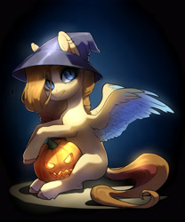 Size: 3329x4000 | Tagged: safe, artist:aphphphphp, oc, oc only, pegasus, pony, spider, colored wings, colored wingtips, ear piercing, earring, hat, jack-o-lantern, jewelry, looking at you, piercing, pumpkin, sitting, slit eyes, solo, unshorn fetlocks, witch hat