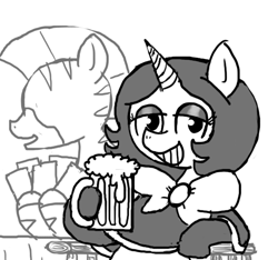 Size: 640x600 | Tagged: safe, artist:ficficponyfic, oc, oc only, oc:joyride, pony, unicorn, zebra, adult, alcohol, beer, bowtie, card, chair, clothes, colt quest, cyoa, eyeshadow, female, grin, horn, leggings, makeup, mantle, mare, monochrome, mug, sitting, smiling, solo focus, story included, table