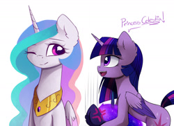 Size: 1280x931 | Tagged: safe, artist:magnaluna, derpibooru import, princess celestia, princess luna, twilight sparkle, twilight sparkle (alicorn), alicorn, pony, colored wings, colored wingtips, cute, cutelestia, dialogue, female, heart, implied twilestia, lesbian, mare, shipping, twiabetes, twilestia