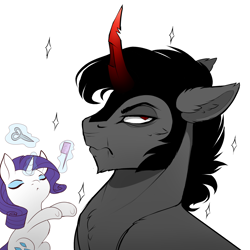 Size: 2000x2000 | Tagged: safe, artist:evehly, derpibooru import, king sombra, rarity, pony, unicorn, alternate hairstyle, annoyed, comb, duo, eyes closed, fabulous, magic, red eyes, scissors, short hair, unamused, underhoof