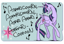 Size: 540x375 | Tagged: safe, artist:kolshica, twilight sparkle, twilight sparkle (alicorn), alicorn, pony, card, dialogue, engrish, eyes closed, phoebe and her unicorn, singing, solo