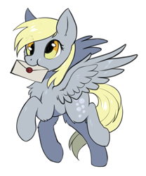 Size: 665x801 | Tagged: safe, artist:hioshiru, derpibooru import, derpy hooves, pegasus, pony, :t, chest fluff, cute, derpabetes, female, fluffy, flying, letter, mare, mouth hold, puffy cheeks, simple background, smiling, solo, spread wings, white background