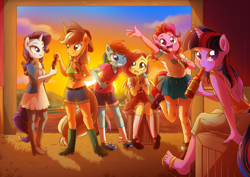 Size: 1414x1000 | Tagged: safe, artist:kelsea-chan, derpibooru import, applejack, fluttershy, pinkie pie, rainbow dash, rarity, twilight sparkle, twilight sparkle (alicorn), alicorn, anthro, earth pony, pegasus, plantigrade anthro, unicorn, apple cider, belly button, belt, blushing, boots, breasts, cider, clothes, delicious flat chest, denim, dress, ear fluff, feet, female, flattershy, front knot midriff, looking at you, mane six, mary janes, midriff, one eye closed, pantyhose, pleated skirt, sandals, shirt, shoes, shorts, skirt, sneakers, socks, sunset, tanktop, tights, wink