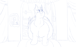 Size: 1920x1200 | Tagged: safe, artist:jesseorange, whoa nelly, canterlot boutique, belly, fat, fluffy, incidental pony, monochrome, obese, scene interpretation, sketch, solo