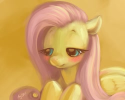 Size: 1280x1024 | Tagged: safe, artist:magistra, fluttershy, pegasus, pony, blushing, cute, lying, shy, shyabetes, solo