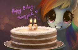 Size: 1280x826 | Tagged: safe, artist:magistra, rainbow dash, pegasus, pony, birthday, cake, food, happy birthday, smiling, solo, text